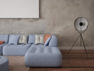 Mock up a stylish living room with a chic sofa and hipster background.