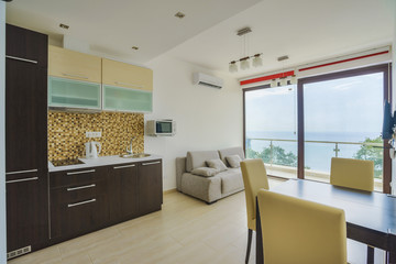 Interior of a living room with kitchen zone in a private apartment