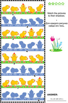 Visual puzzle or picture riddle: Match the pictures of chicks rows to their shadows. Answer included.
