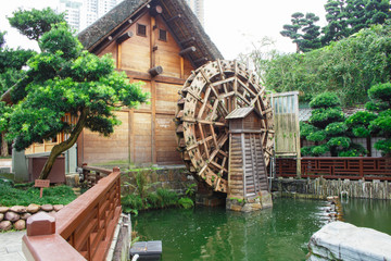 Wood water turbine antique in public park