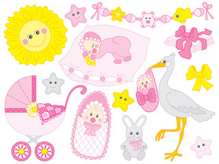 Vector Baby Girl Set. Vector Baby Girl Shower 