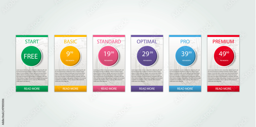 Poster six banners. pricelist, hosting plans and web design boxes of banners. six banners for tariffs and p