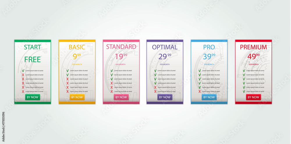 Poster six banners. pricelist, hosting plans and web design boxes of banners. six banners for tariffs and p