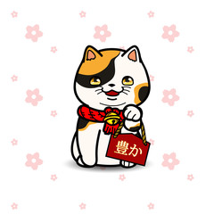 Maneki Neko cat statue east asian  symbolic of luck, fortune, vector illustration with simple seamless pattern.