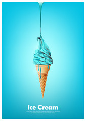 Blue soft ice cream cone, Pour chocolate syrup, peppermint flavor, Vector illustration