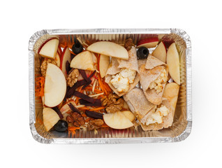 Healthy food in boxes, diet concept. Cuted apples, nuts, beets, olives, carrots and pancakes with cottage cheese