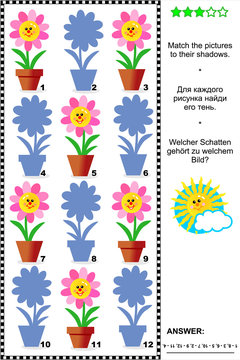 Visual puzzle or riddle with potted flowers: Match the pictures to their shadows. Answer included.
