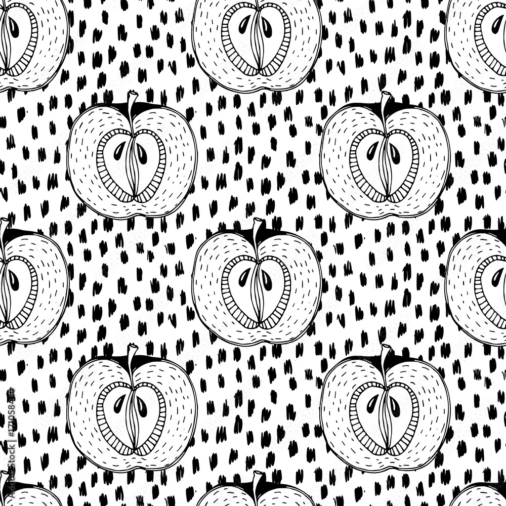 Wall mural black and white seamless pattern with abstract apples