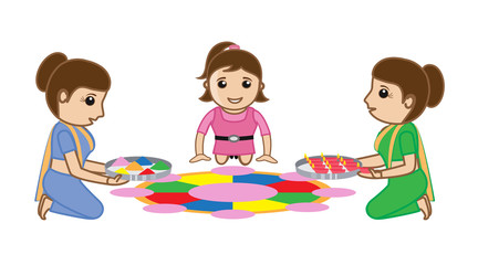 Indian Woman and Small Girl Decorating Rangoli