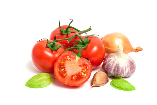 Fresh Tomatoes, Garlic And Onion Isolated On White Background