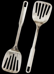 Old Stainless Steel Slotted Turner Spatula Front And Reverse Side Variants Isolated On Black Background