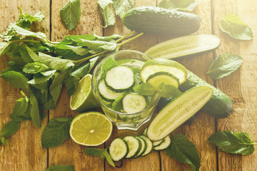 Refreshing drink with cucumber, lime and mint