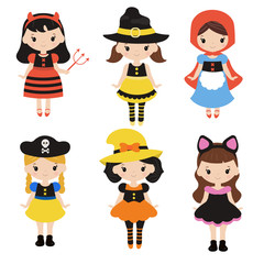 Cute cartoon children in colorful halloween costumes.