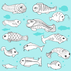 Set of doodles of fish on a blue background