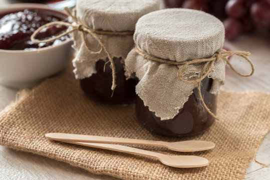 Homemade jam in small glass jars. 