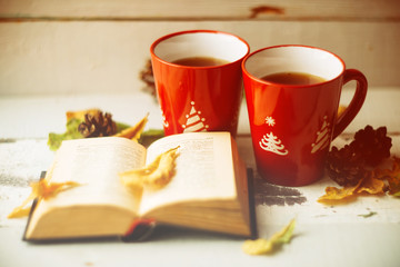 two cups and a blanket against the window with rain drops and leaves / warming the atmosphere in the rainy time