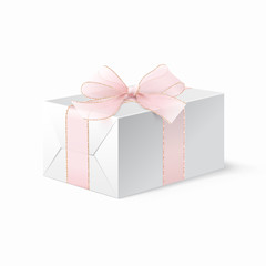 Design layout white boxes empty wrapping paper under your design. Gift for holidays, Christmas, birthday, Valentines day. Decorated with pink sheer bow.Realistic vector illustration. EPS10.