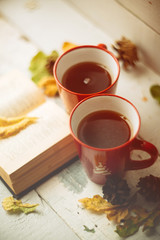 two cups and a blanket against the window with rain drops and leaves / warming the atmosphere in the rainy time