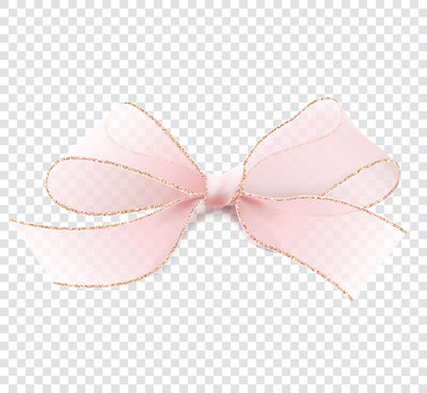 Realistic Illustration In Vector. 3D Pink Transparent Bow With Gold Border. Isolated On A Transparent Background. Element For Decorating Gifts, Creating Holiday Cards. Feminine And Elegant. EPS10