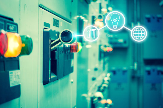 Electrical switchgear room,Industrial electrical switch panel on plant  and process control with business icon tools in grainy style