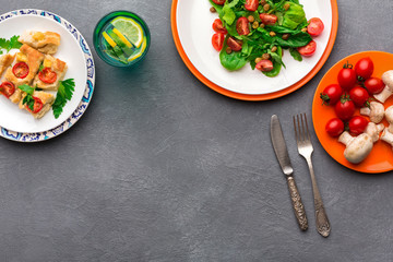 Eating healthy food on gray background, top view, copy space.