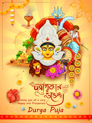 Goddess Durga in Happy Dussehra background with bengali text Durgapujor Shubhechha meaning Happy Durga Puja