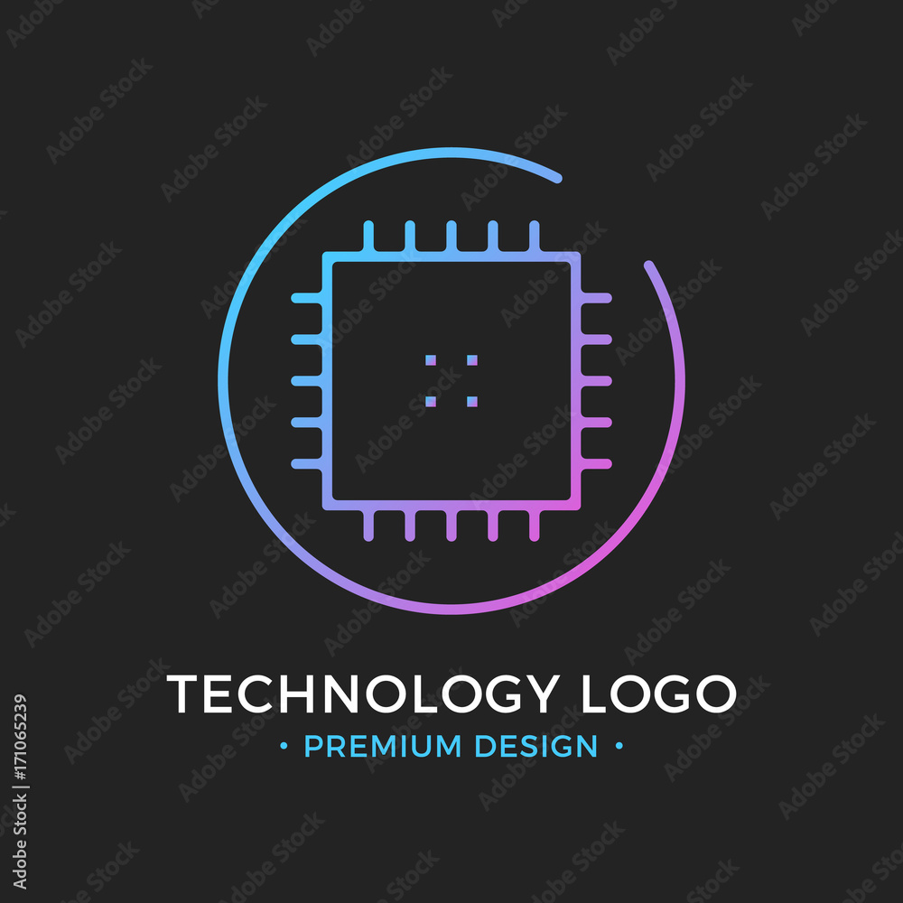 Poster microchip line icon. cpu, central processing unit, computer processor, chip symbol in circle. abstra