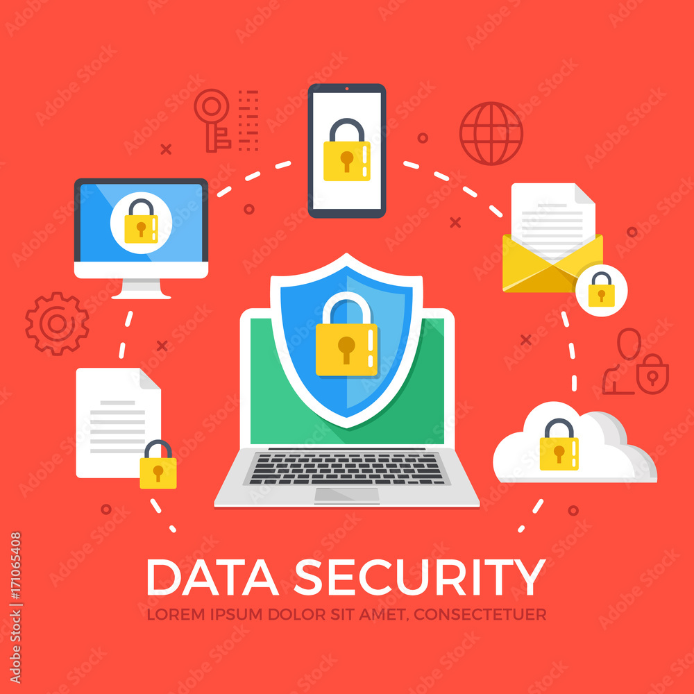 Fototapete data security flat illustration concept. laptop with shield and lock. creative flat icons set, thin 