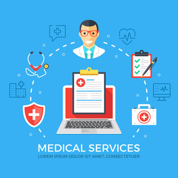 Medical services flat illustration concept. Laptop with medical clipboard. Creative flat icons set, thin line icons set, graphic elements. Modern vector illustration