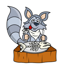 Hungry Cartoon Raccoon Eating Fish - cartoon clip-art vector character