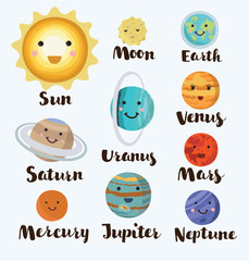 illustration of cute cartoon solar system on white background. cute planets with funny faces set. can be used like stickers or for cards and party invitations
