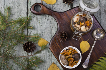 delicious marinated mushrooms in a a jar