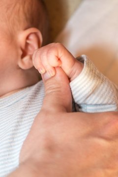 ein Baby h&auml;lt den Daumen vom Elternteil