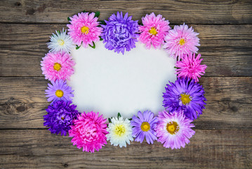 Frame of flowers of asters on wooden background