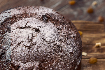 Tasty chocolate cake on table, close-up
