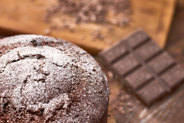Tasty chocolate cake on table, close-up