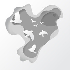 3D abstract background with white paper cut shapes. Bird in cut style shape. Ecology concept. Vector design layout for business presentations