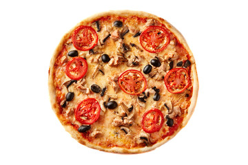 Pizza on light wooden background top view. Thin pastry crust on wooden desk.
