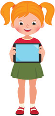 Little happy cute girl in full growth holds a computer tablet in her hand