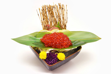 Ikura sashimi (Salmon roe) in black bowl Japanese style on white background