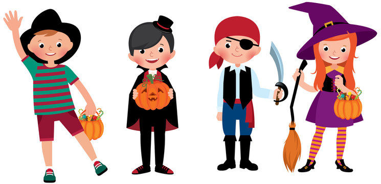A group of children in Halloween costumes. Vector cartoon illustration
