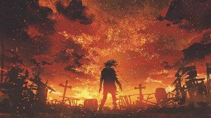 Fotobehang zombie wandelen op de verbrande begraafplaats met brandende lucht, digitale kunststijl, illustratie schilderij © grandfailure