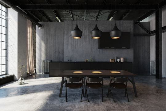 Modernes Esszimmer mit Design Küche in Loft