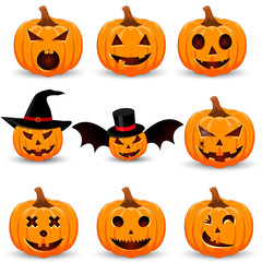 Set pumpkin on white background. The main symbol of the Happy Halloween holiday. Orange pumpkin with smile for your design for the holiday Halloween. Vector illustration.