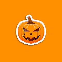 Pumpkin sticker on an orange background. The main symbol of the Happy Halloween holiday. Orange pumpkin with smile for your design for the holiday Halloween. Vector illustration.