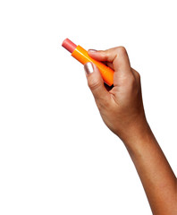 Woman holding pink lipstick in her hand. 