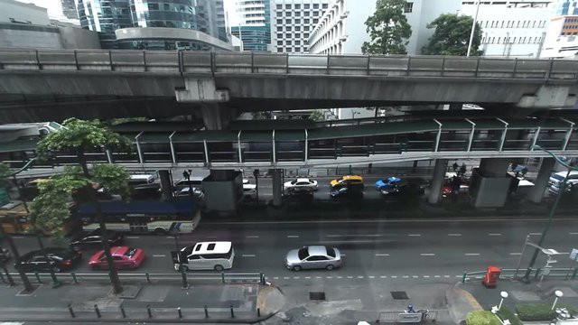 Busy traffic in shopping district in Bangkok, Thailand.