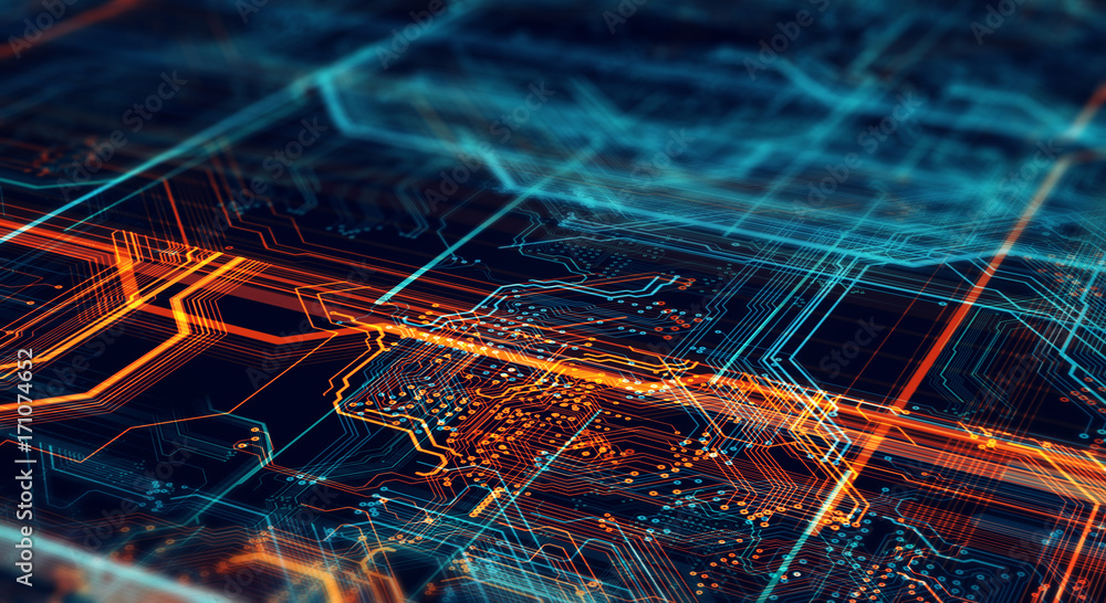 Poster Printed circuit board in the server  executes the data/Abstract technological background made of different element printed circuit board. Depth of field effect and bokeh