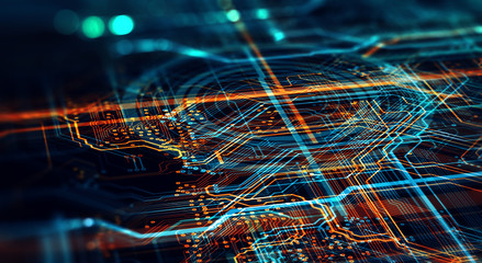 Printed circuit board in the server  executes the data/Abstract technological background made of different element printed circuit board. Depth of field effect and bokeh