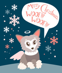 Christmas vector flat card with the cute puppy. New year holiday